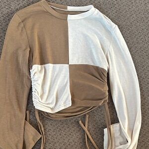 SHEIN Brown and Cream Color Block Long Sleeve Top